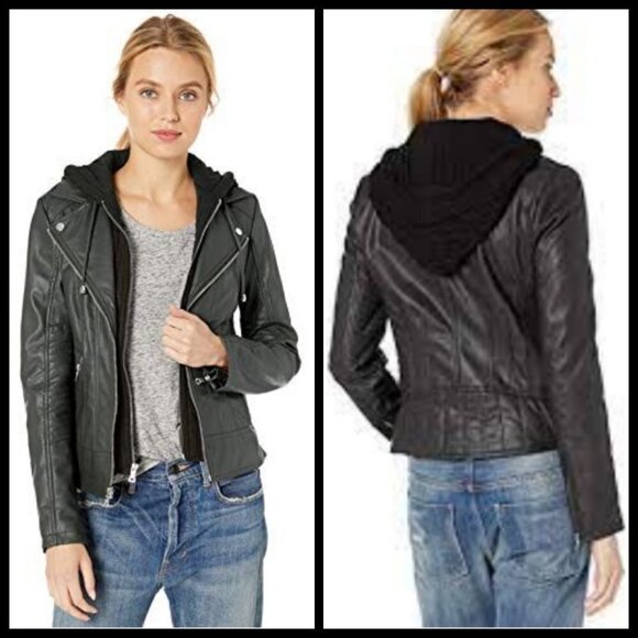 💕GUESS💕 Faux Leather Hooded Moto Jacket Zip Front Scuba ~ Hunter Green XL NWT - Picture 2 of 16